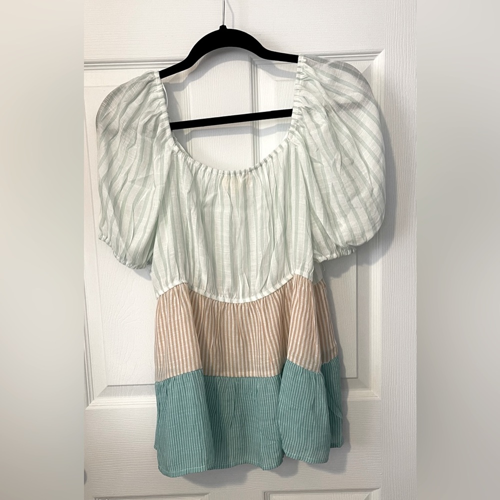 PERCH by BLU PEPPER Boho Round Neck Puff Sleeves Stripes Tier Top Plus Size 1XL
